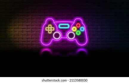 Neon game joystick icon, glowing joystick on a brick wall background, vector illustration