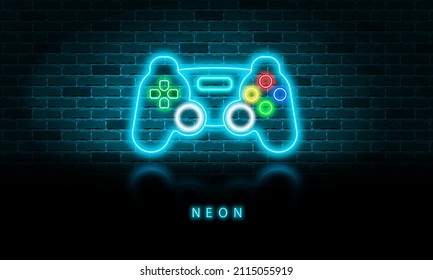 Neon game joystick icon with reflection on a brick wall background, vector illustration