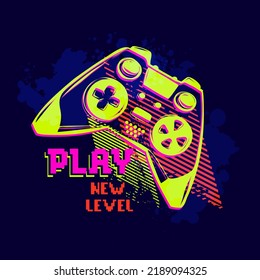 Neon Game Pad Illustration Drawing In 80s Style. Gamepad On Dark Blue Didital Background With Text Play, New Level.