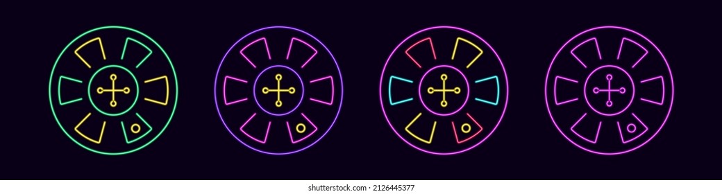Vista superior de la ruleta de juego Neon. Ruedas de juego en casino con sectores luminosos y bola. Lotería redonda de suerte y bote vectorial
