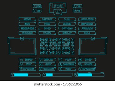 Neon game UI KIT. There is a set of blue buttons and elements such as windows or bars for games and app. 