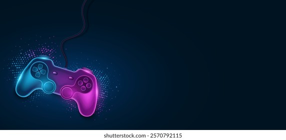 Neon gamepad with wire for video game. Modern joystick with glow and halftone effect for game console. Background for eSports event. Vector illustration. EPS 10