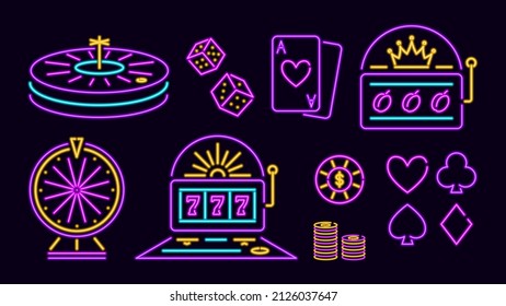 Neon gaming machines and gambling items. Luminous purple wheel and slot machine. Wheel of fortune with chips and dice. Card suits and vector decks