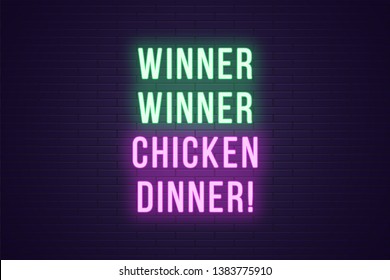 Neon Gaming Slogan, Winner Winner Chicken Dinner. Glowing Neon Text For Win In Gaming Industry. Bright Digital Signboard, Banner, Vector Illustration. Green And Purple Color