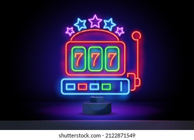 Neon gaming slot machine 777. Neon sign design. Vector game machine. Design lettering Jackpot. Gambling game, lucky chance, random, lucky number