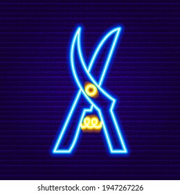 Neon Garden Secateurs Symbol. Vektorgrafik des Garteninstruments.