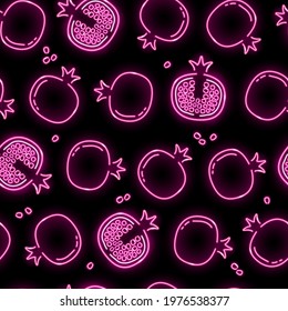 Neon garnet seamless pattern with pink fruits with seeds icons on black background. Summer, health food, fresh juice concept. Vector illustration 10 EPS.