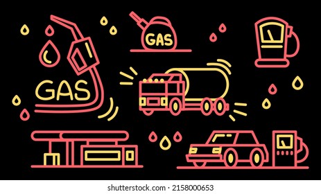 Neon gas and petrol filling elements isolated on black background. Car refueling, petrol stations, oil fuel.