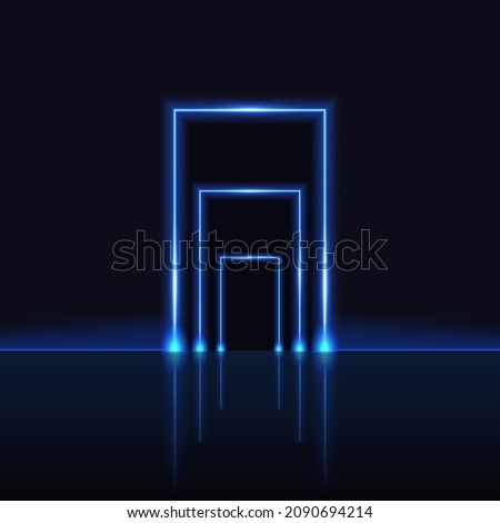 Neon gate, blue glowing light laser beam frame, magic or techno futuristic portal. Mystic neon door opening to galaxy space worlds, shiny design element on dark background. Vec tor illustration