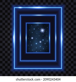 Neon gate, portal to galaxy space. Blue glowing light rectangular portal frame, cosmic night sky with star nebula. Magic fantasy or cyber techno vector illustration, isolated on transparent background