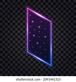 Neon gate, portal to galaxy space, isometric view. Light glowing effect, purple neon door or window frame, star nebula in opening, dark night sky. Isolated element, vector illustration