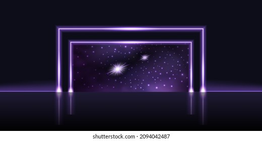 Neon gate, portal to galaxy space. Purple glowing door to cosmic world with star nebula, magic or techno futuristic design element. Dark night sky, vector illustration