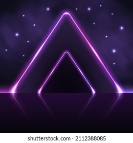 Neon gate, purple glowing pyramid arch portal , light glow effect, galaxy space world with stars and sparkles. Techno cyberpunk fdesign, neon synthwave style background. Vector illustration