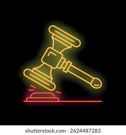 Neon gavel is striking a surface, leaving glowing sparks in the dark