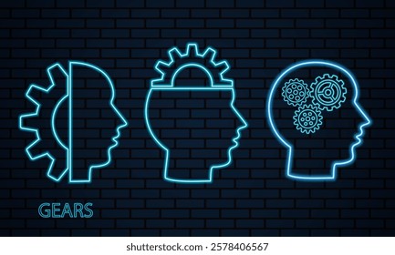 Neon gear in human head. Thinking intellectual brain. Neon gear icon. Symbol of brain work is related to thinking, idea and mechanics