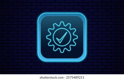 Neon gear icon with a check mark. For mobile applications. Bright mechanical gears workflow concept. Ideal for engineering, mechanics and process topics