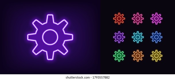 Neon gear icon. Glowing neon settings sign, gearwheel in vivid colors. Cogwheel, adjustment tool, app option, system configuration. Icon set, sign, symbol for UI. Vector illustration