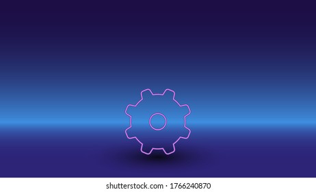 Neon gear symbol on a gradient blue background. The isolated symbol is located in the bottom center. Gradient blue with light blue skyline