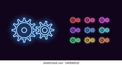 Neon Gear wheel icon, Transmission. Set of glowing Gear in Neon style with transparent backlight. Vector silhouette, red pink purple violet blue azure green yellow orange color