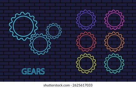 Neon gear wheels, glowing cogs, industrial neon sign, brick wall background, mechanical concept, cogwheel icon, vector illustration