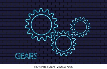 Neon gear wheels, glowing cogs, industrial neon sign, brick wall background, mechanical concept, cogwheel icon, vector illustration