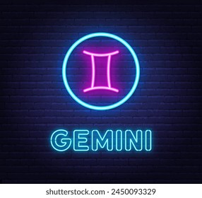 Neon Gemini Sign on brick wall background.