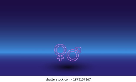 Neon gender symbol on a gradient blue background. The isolated symbol is located in the bottom center. Gradient blue with light blue skyline