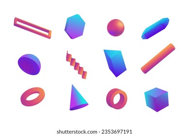 Neon geometric 3d shapes set. Torus with purple hexagon and triangle as modern design elements with object of simple vector constructions