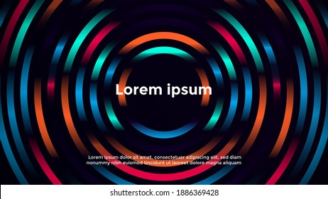 Neon Geometric Background Template with Circle Shape. Dark Background with Bright and Glowing Neon purple, Orange, and Blue Lights. Abstract Neon Background Template for Your Projects. Vector EPS 10