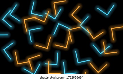 Neon geometric elements scattered at random, angle, triangle, lines, blue orange color, on a black background. Abstraction. Vector illustration.