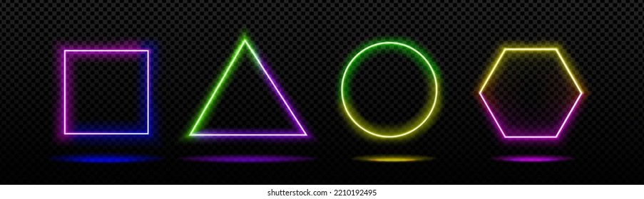 Neon geometric figures png set on transparent background. Vector illustration of colorful square, triangle, circle, hexagon elements glowing in darkness with realistic LED backlight. Empty frames