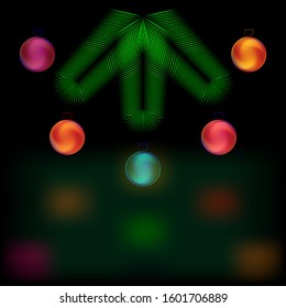 Neon geometric fir branch with bright Christmas decorations. Element for web design, clipart, postcards and SMM on black background.