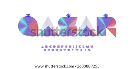 Neon geometric line logo font, concentric stripe letters using triangle, pyramid, circle, square. Futuristic metallic gradient alphabet fonts for tech logos, UI titles, music covers. Vector typeset