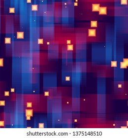 Neon Geometric Seamless Background. Glow Shapes Texture. Neon Geometric Print Pattern. Big Data Concept.
