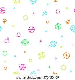 Neon geometric shape seamless pattern in Memphis Style. Children funny mathematic pattern. Simple isometric shapes composition. Space colorful colors. Original trendy design. Vector template.