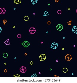 Neon geometric shape seamless pattern in Memphis Style. Future mathematic pattern. Simple isometric shapes composition. Space colorful colors. Original trendy design. Vector template.