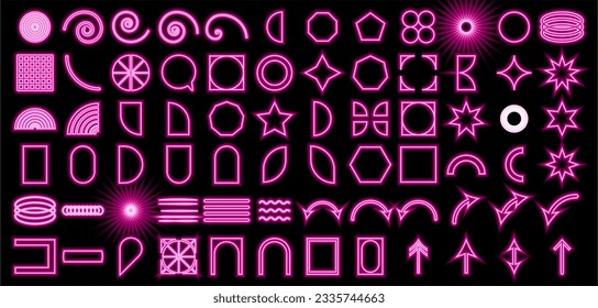 Neon geometric shapes, grids, abstract elements. Contemporary star formation, spiral flower, primitive components. Embracing the aesthetics of Swiss design, Bauhaus, Memphis design. SSTKbold.