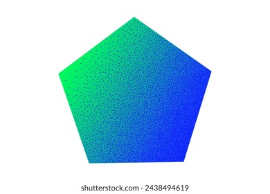 Neon geometric sticker with textured stipple effect isolated on white background. Gradient pentagon shape in bright colors in Y2K style, 90s, design template, mockup. Blue and green vibrant colors.