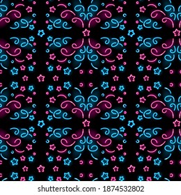 Neon geometrick seamless pattern with pink and blue elements on black background. Holiday, firework, carnival concept for wallpaper, wrapping, print. Vector 10 EPS illustration.