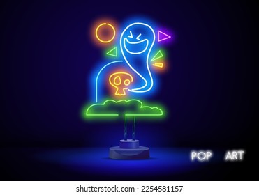 Neon Ghost icon on dark brick background. Editable stroke and blend. Vector illustration.