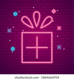 neon gift with bowtie on bricks background design, happy birthday celebration decoration party festive and surprise theme Vector illustration