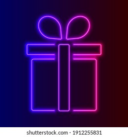 Neon gift box with bow. Neon icon on the dark background