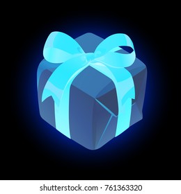 Neon gift box with a bright ribbon and bow. Futuristic inverted icon of a present glowing on a black background. Blue package lights in the night. Useful for advertising of Black Friday and any sales.
