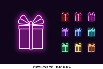 Neon Gift Box, Christmas and New Year decoration. Colorful festive Set of Neon Gift with bow, outline style. Glowing icon, sign and symbol for Holiday design. Vector illustration kit