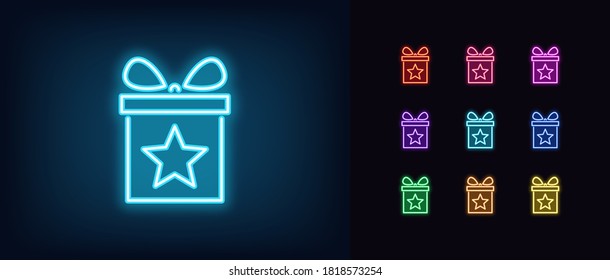Neon gift box icon. Glowing neon present with star, magic gift in vivid colors. Referral bonus, birthday present, freebie surprise, top donation. Icon set, sign, symbol for UI. Vector illustration