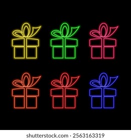 Neon gift box icon. Glowing neon present with star, magic gift in vivid colors. Referral bonus, birthday present, freebie surprise, top donation. Icon set, sign, symbol for UI. Vector illustration.