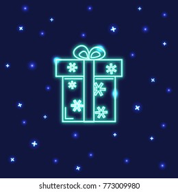 Neon gift box icon in line style. Shining present box with snowflakes on dark background.