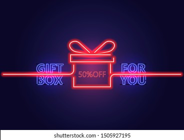 A neon gift box with sale 50% off offering banner. A design with a vintage element makes your ads cool. It can run in a variety of advertising events such as New Year, Xmas, parties, etc.