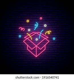 Neon gift box sign. Glowing present box icon in neon style. Promotion or sale concept. Vector illustration.