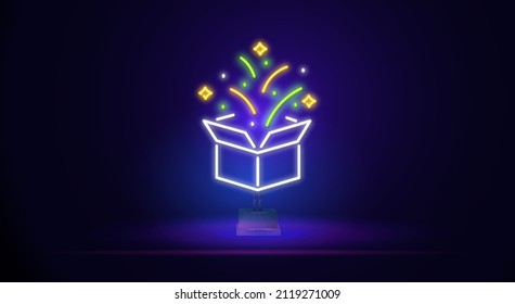 Signo de caja de regalo de Neon. Icono de la caja actual brillante con estilo neón. Concepto de promoción o venta. Cartel de neón, publicidad nocturna brillante, inscripción ligera. Ilustración del vector